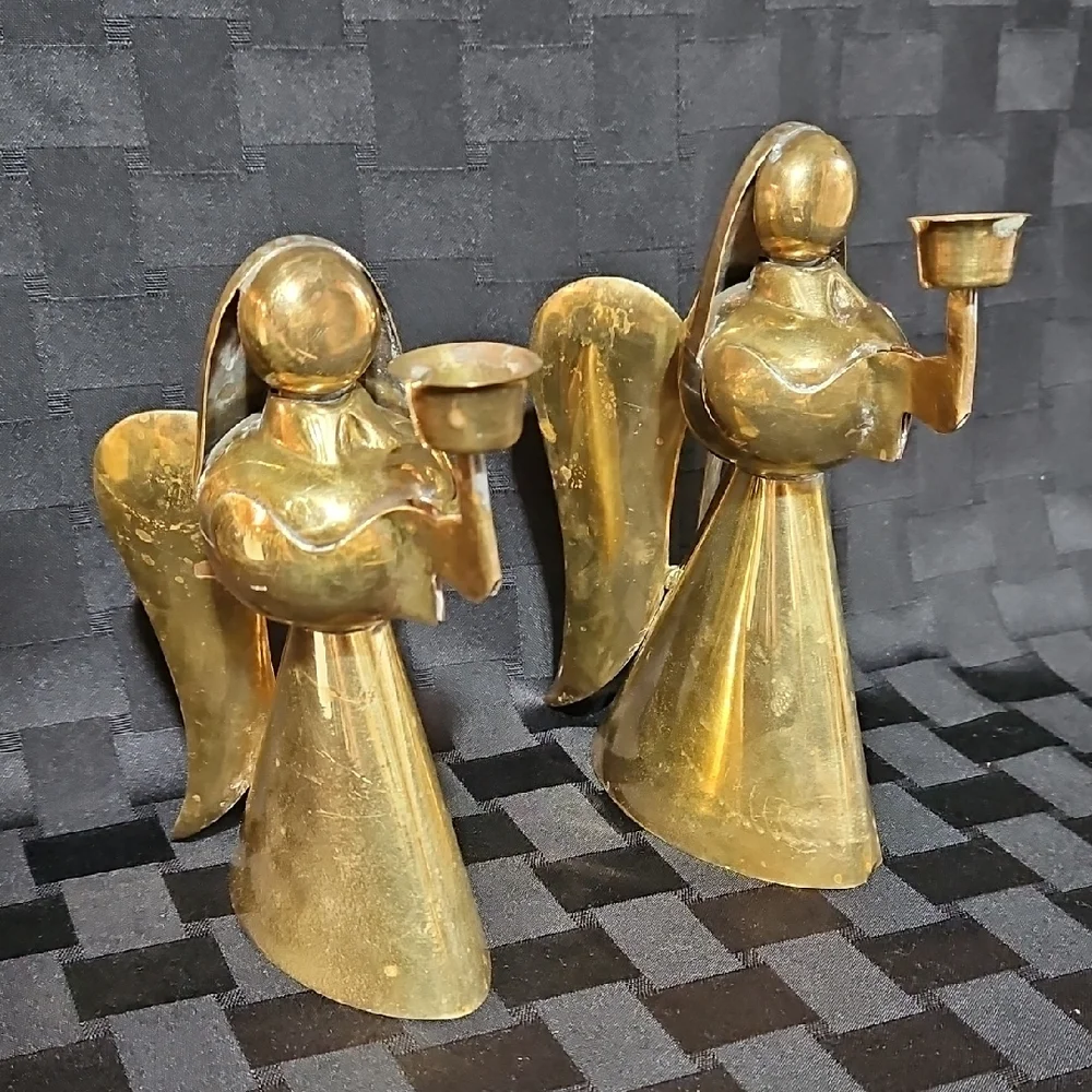 VTG Mid-Century Brass & Copper Angel Candle Holders Set of 2 Gorgeous Patina